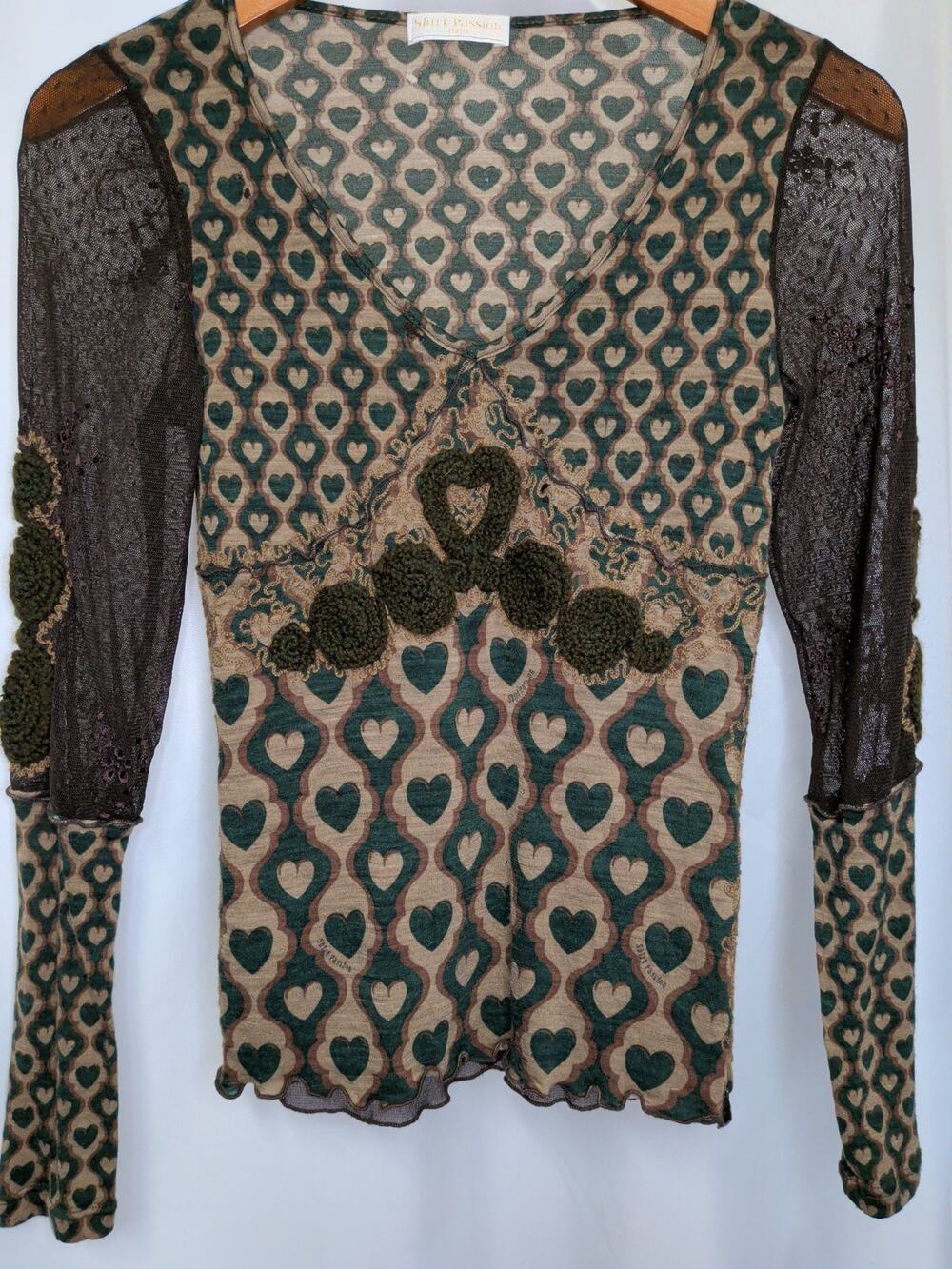 Vintage Y2K Shirt Passion Whimsy Goth Olive/Beige Top Moth-bitten with age S/M